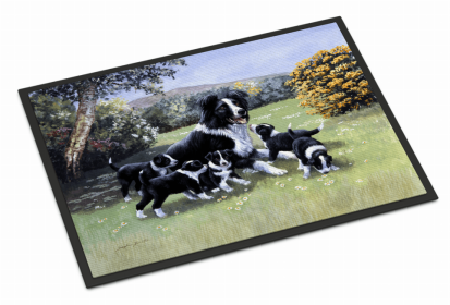 Dog Breed Themed Indoor or Outdoor Mat (Color: Border Collie Puppies with Momma, size: 36 x 24)