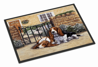 Dog Breed Themed Indoor or Outdoor Mat (Color: Basset Hound at the gate, size: 36 x 24)