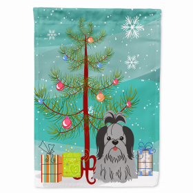 Merry Christmas Tree/Dog breed Themed Flag Canvas (Color: Shih Tzu - Black and Silver, size: 28 x 40)