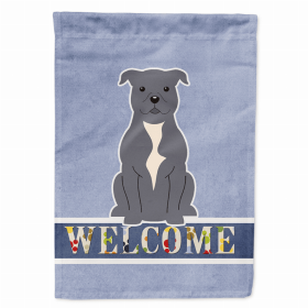 Welcome/Dog Breed Flag Canvas (Color: Staffordshire Bull Terrier - Blue, size: 28 x 40)