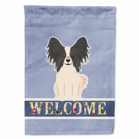 Welcome/Dog Breed Flag Canvas (Color: Papillon - Black and White, size: 28 x 40)