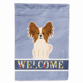 Welcome/Dog Breed Flag Canvas (Color: Papillon - Red and White, size: 28 x 40)