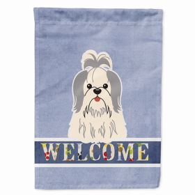 Welcome/Dog Breed Flag Canvas (Color: Shih Tzu - Silver and White, size: 28 x 40)