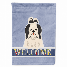 Welcome/Dog Breed Flag Canvas (Color: Shih Tzu - Black and White, size: 28 x 40)