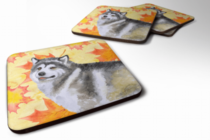 Fall Leaves with Dog Foam Coaster Set of 4 (size: 3.5 x 3.5)